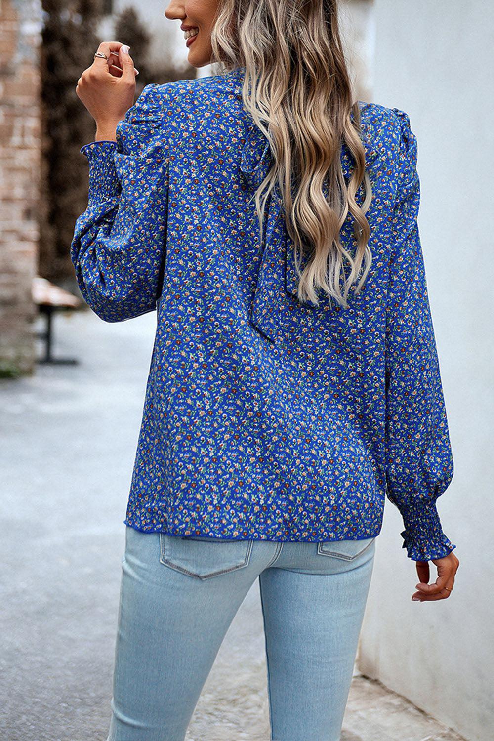 Printed Smocked Puff Sleeve Blouse BLUE ZONE PLANET