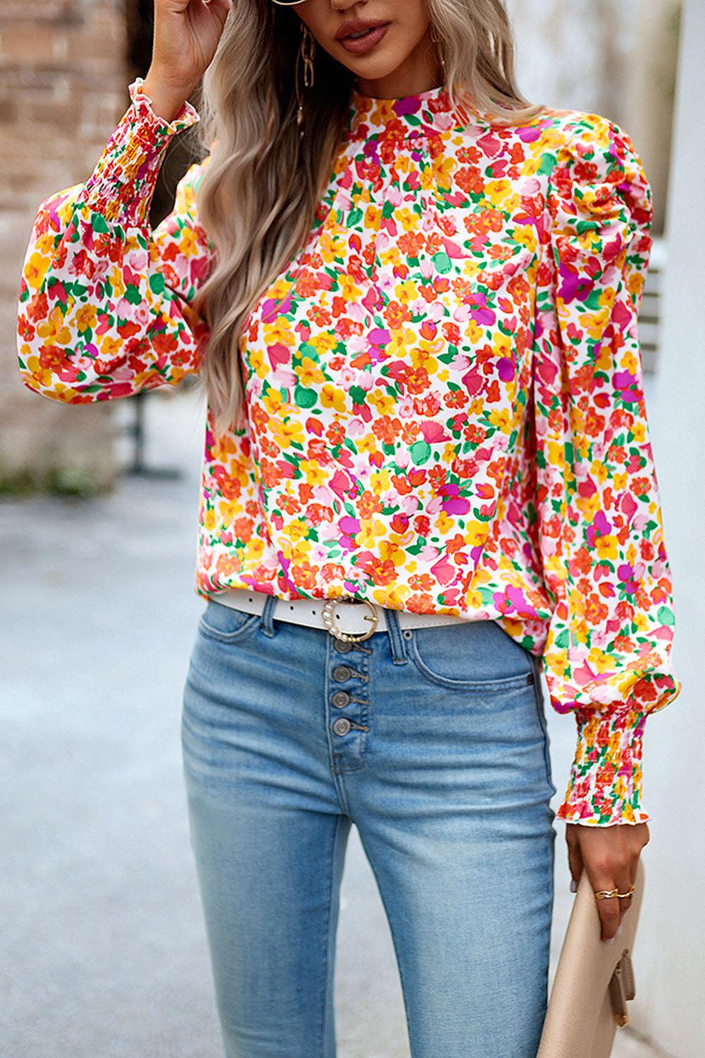 Printed Smocked Puff Sleeve Blouse BLUE ZONE PLANET