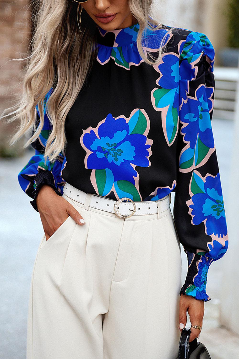 Printed Smocked Puff Sleeve Blouse BLUE ZONE PLANET