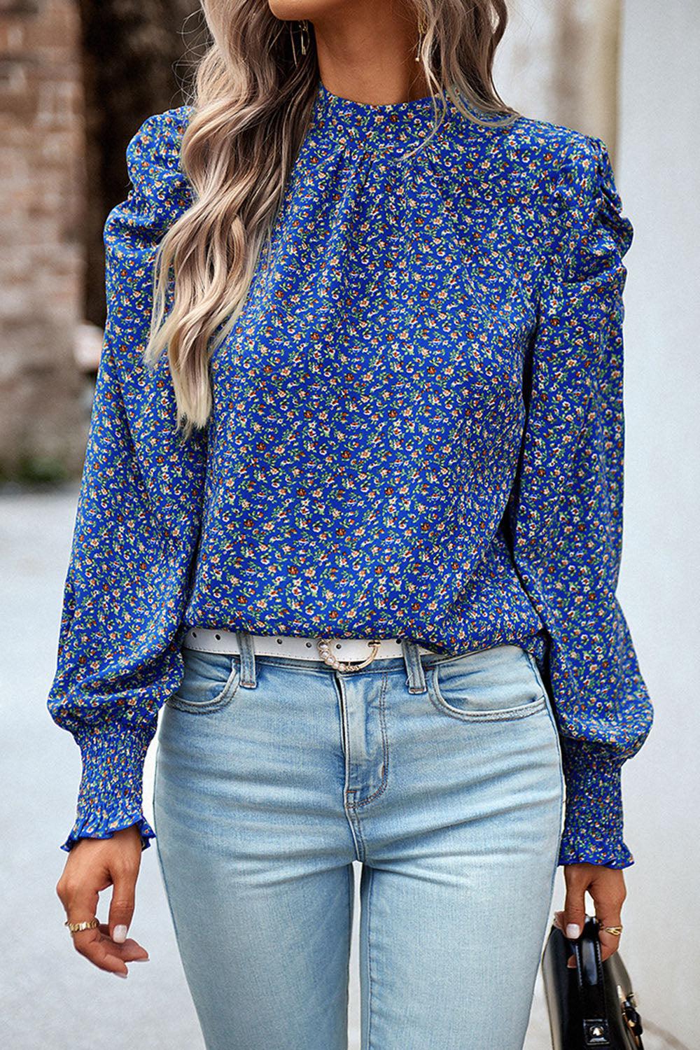 Printed Smocked Puff Sleeve Blouse BLUE ZONE PLANET