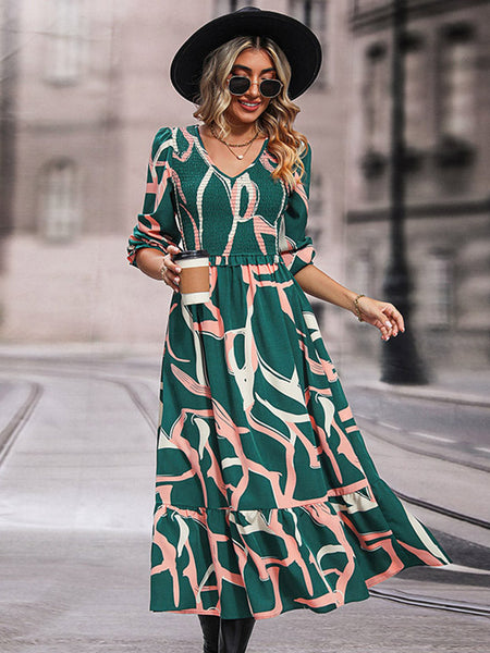 Printed Smocked V-Neck Three-Quarter Sleeve Midi Dress - Blue Zone Blue Zone Planet Printed Smocked V-Neck Three-Quarter Sleeve Midi Dress - Blue Zone Blue Zone Planet