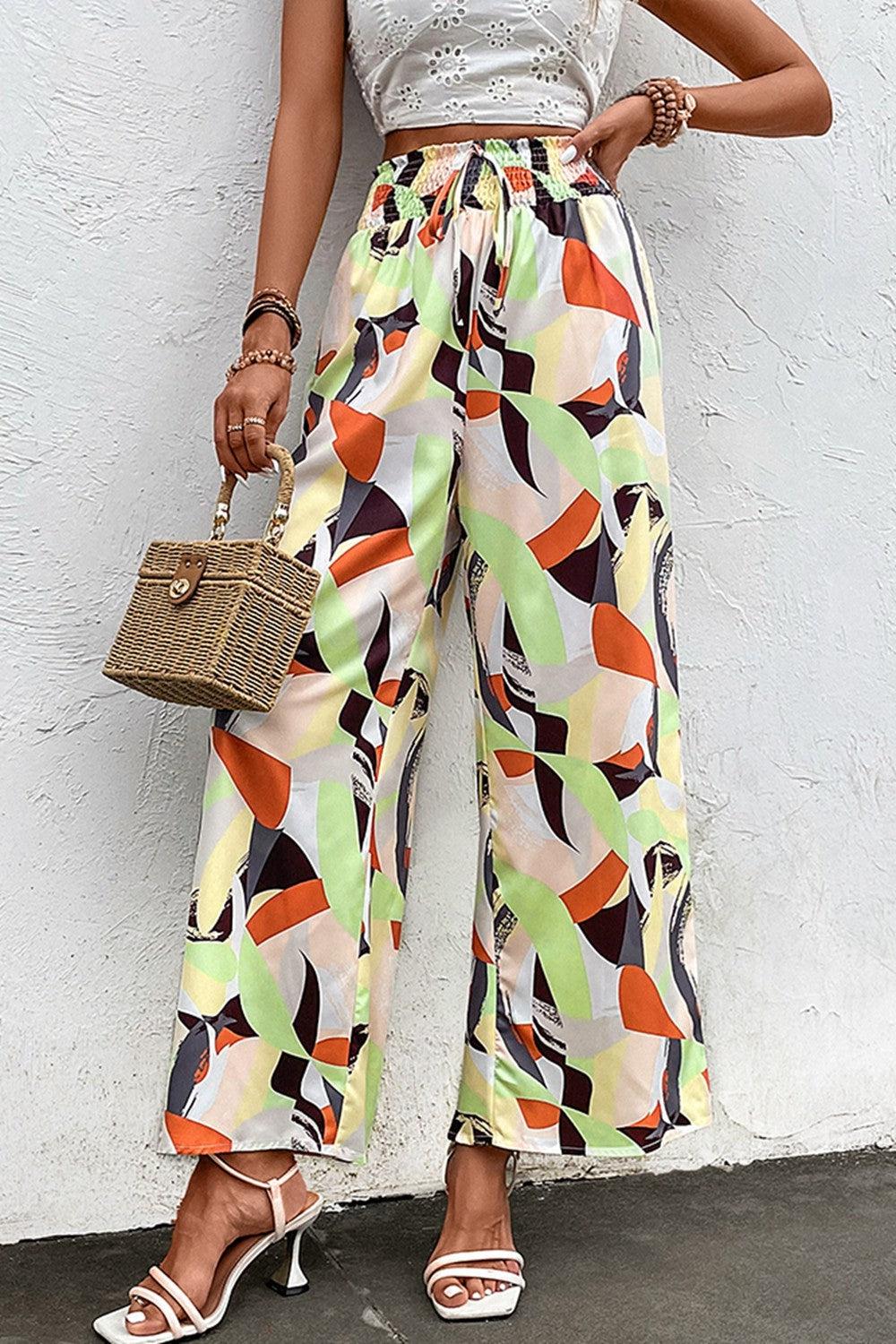 Printed Smocked Waist Wide Leg Pants BLUE ZONE PLANET