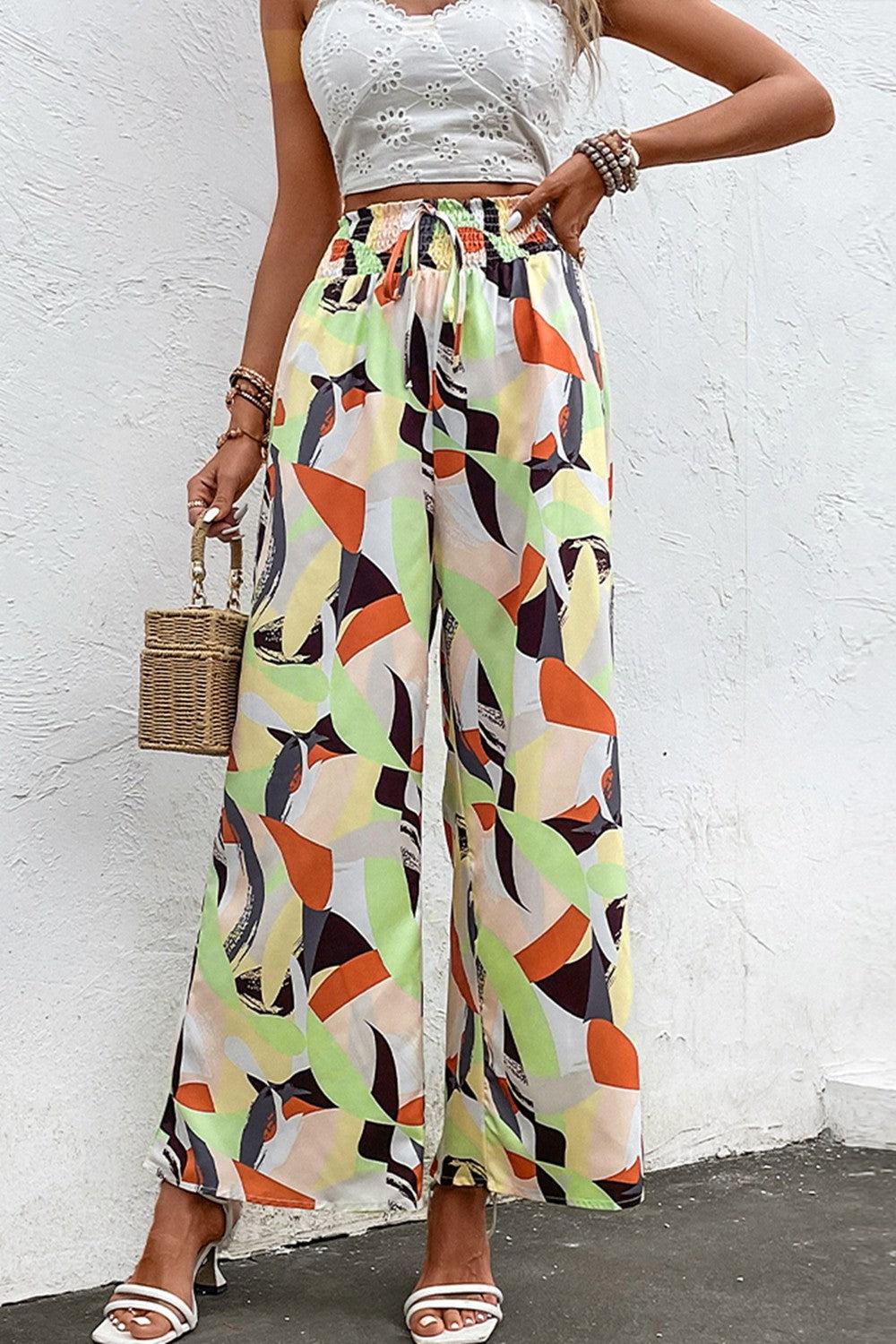 Printed Smocked Waist Wide Leg Pants BLUE ZONE PLANET