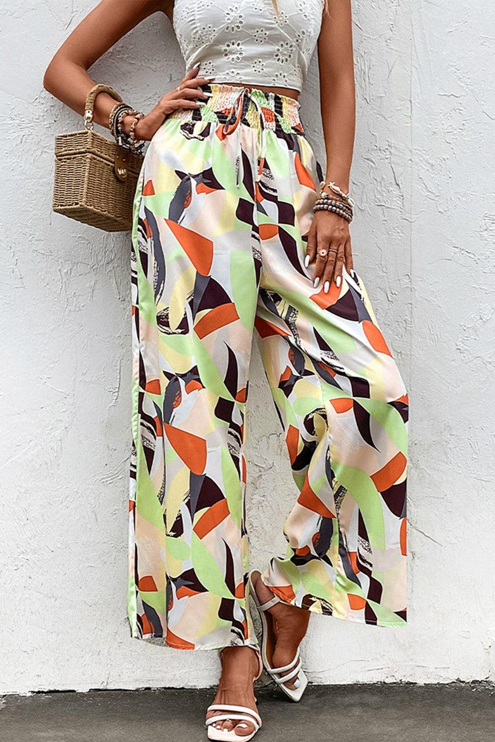 Printed Smocked Waist Wide Leg Pants BLUE ZONE PLANET