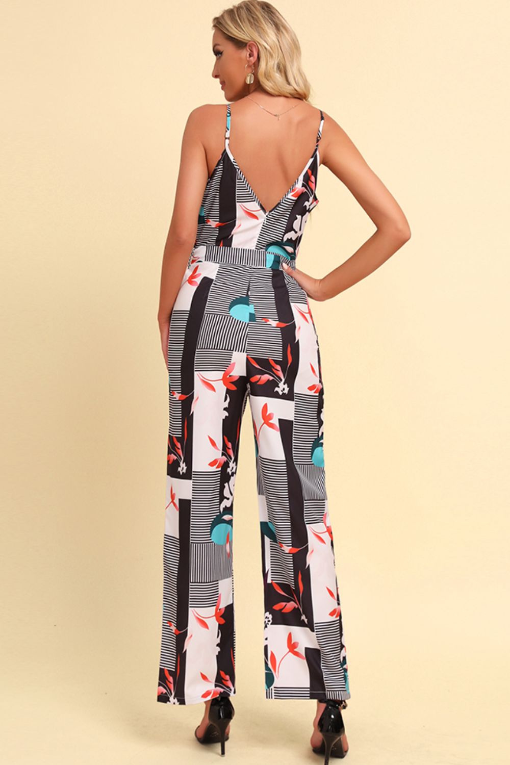 Printed Spaghetti Strap Tied Jumpsuit BLUE ZONE PLANET