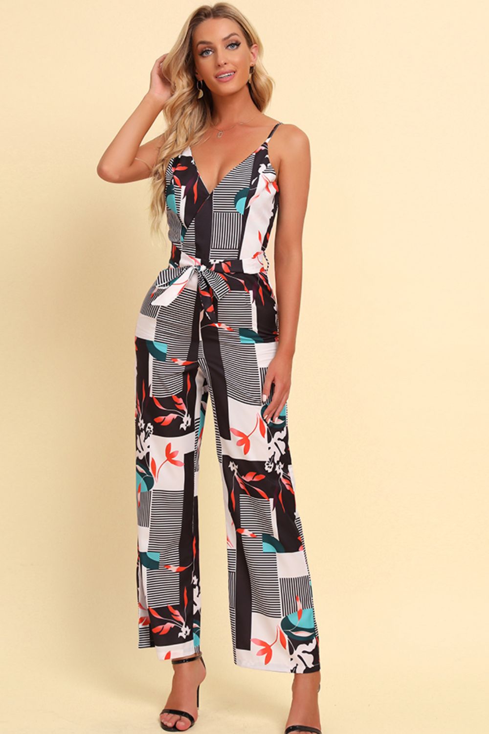 Printed Spaghetti Strap Tied Jumpsuit BLUE ZONE PLANET