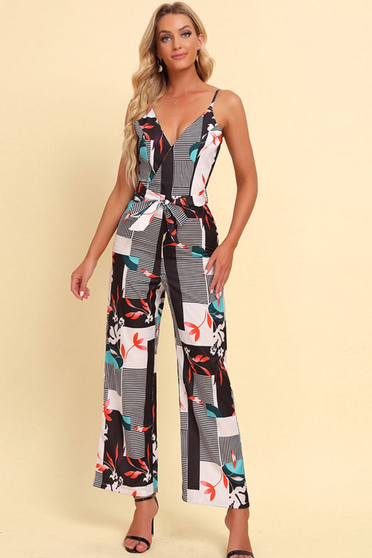 Printed Spaghetti Strap Tied Jumpsuit BLUE ZONE PLANET