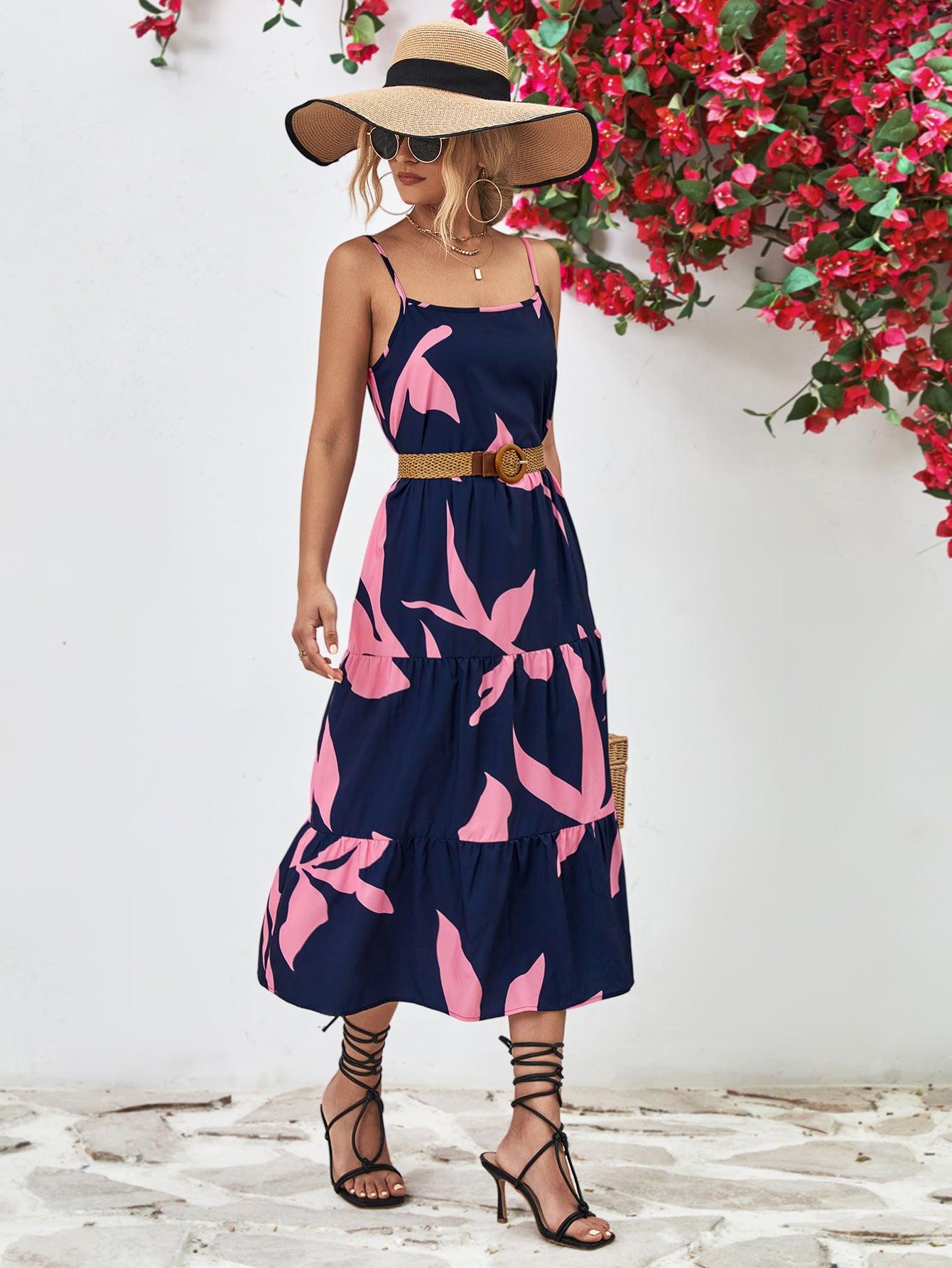 Printed Spaghetti Strap Tiered Midi Dress BLUE ZONE PLANET