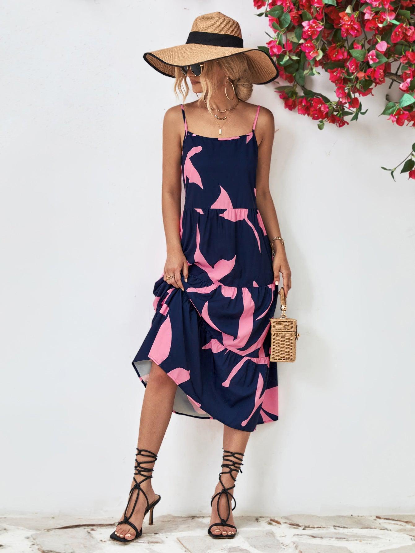 Printed Spaghetti Strap Tiered Midi Dress BLUE ZONE PLANET