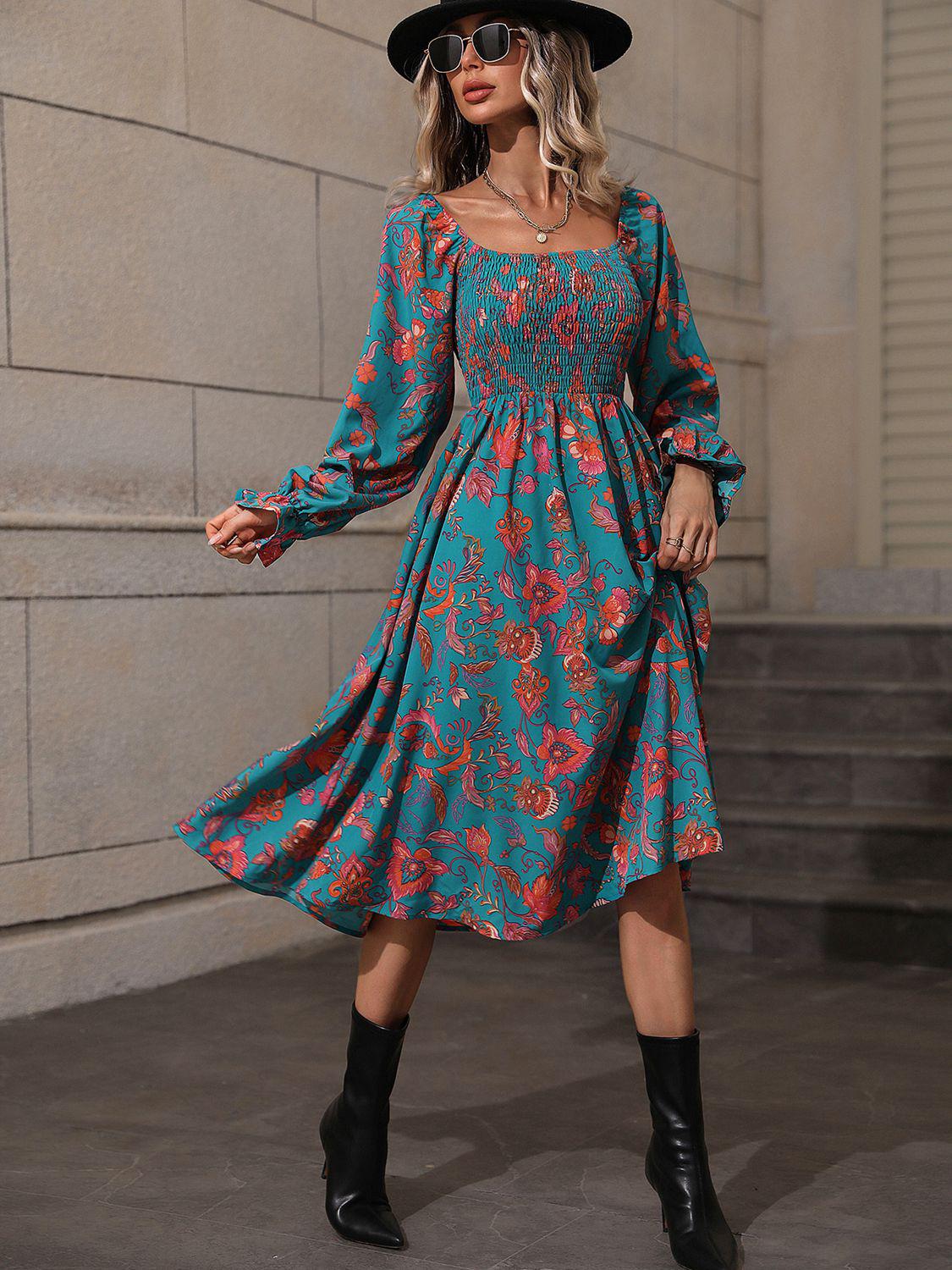 Printed Square Neck Flounce Sleeve Dress BLUE ZONE PLANET