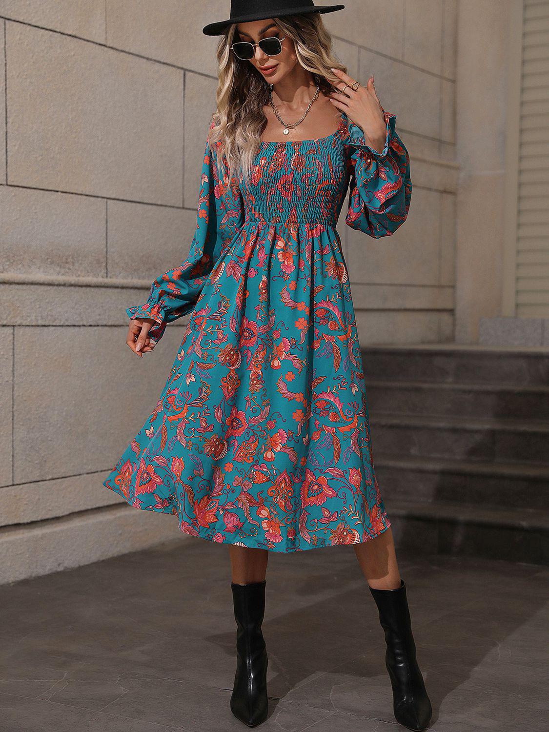 Printed Square Neck Flounce Sleeve Dress BLUE ZONE PLANET