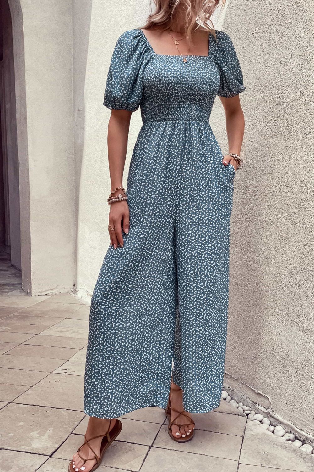 Printed Square Neck Jumpsuit with Pockets BLUE ZONE PLANET