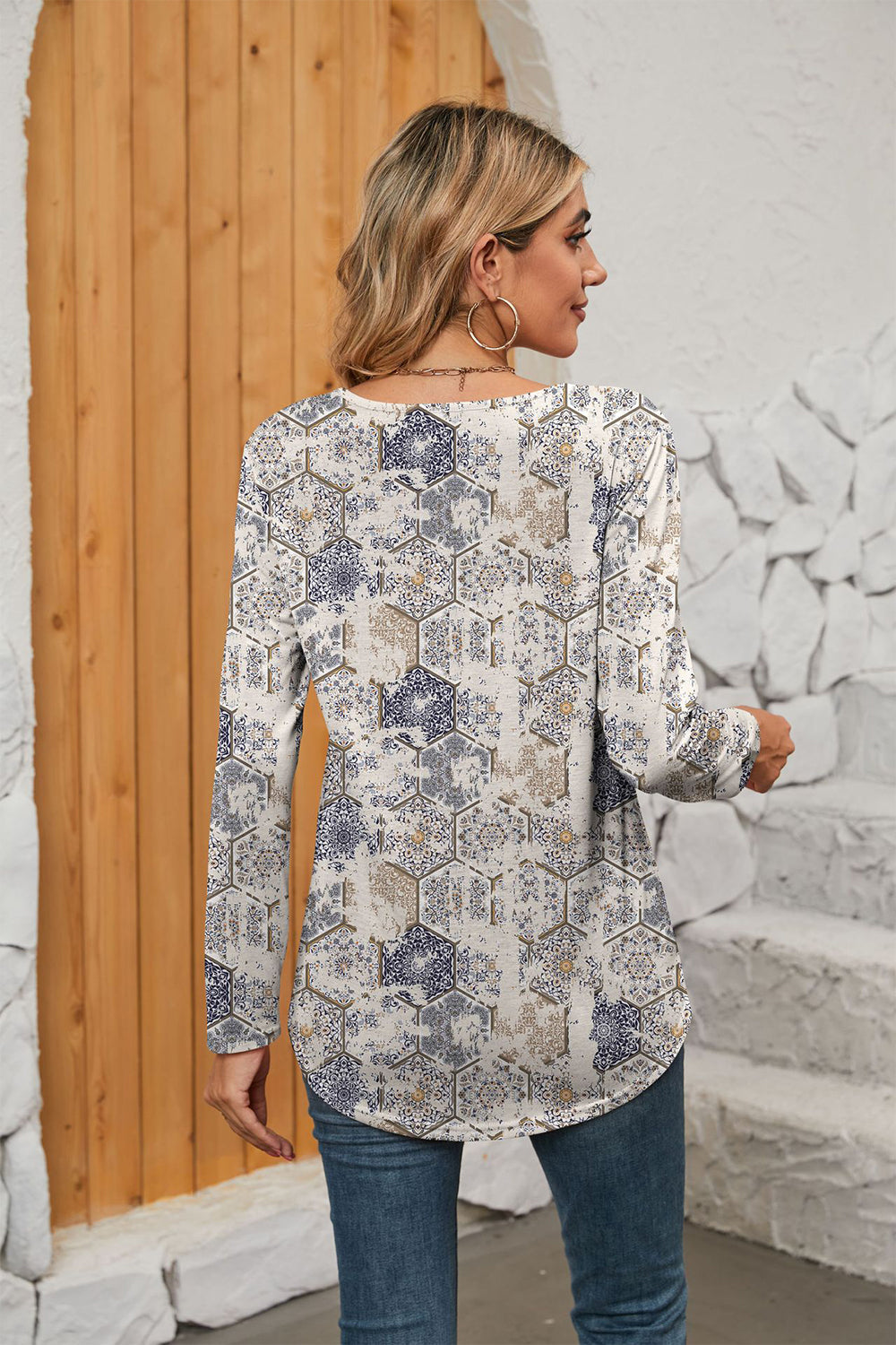 Printed Square Neck Long Sleeve Blouse BLUE ZONE PLANET