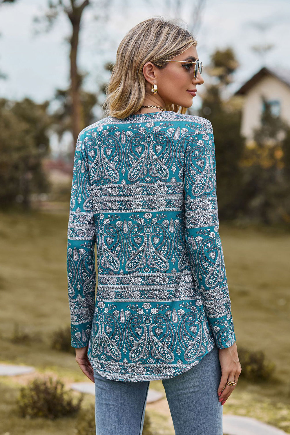 Printed Square Neck Long Sleeve Blouse BLUE ZONE PLANET