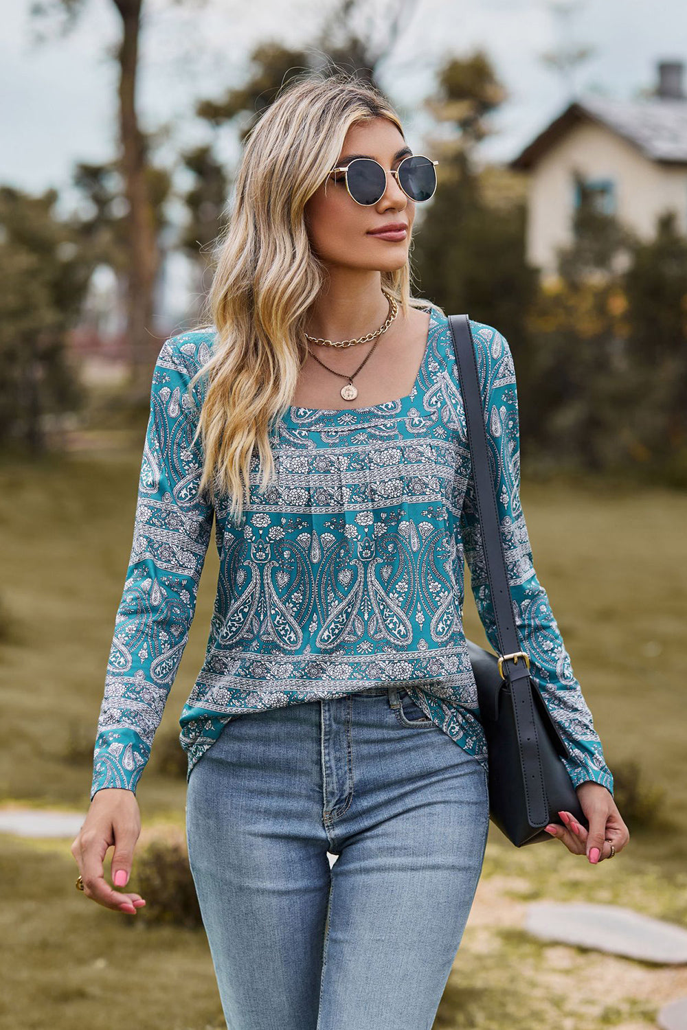 Printed Square Neck Long Sleeve Blouse BLUE ZONE PLANET