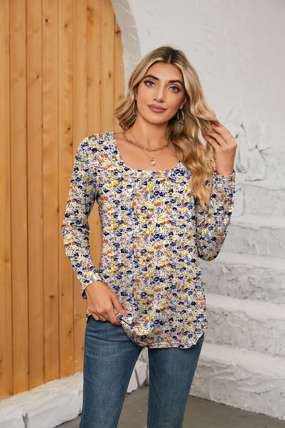 Printed Square Neck Long Sleeve Blouse BLUE ZONE PLANET