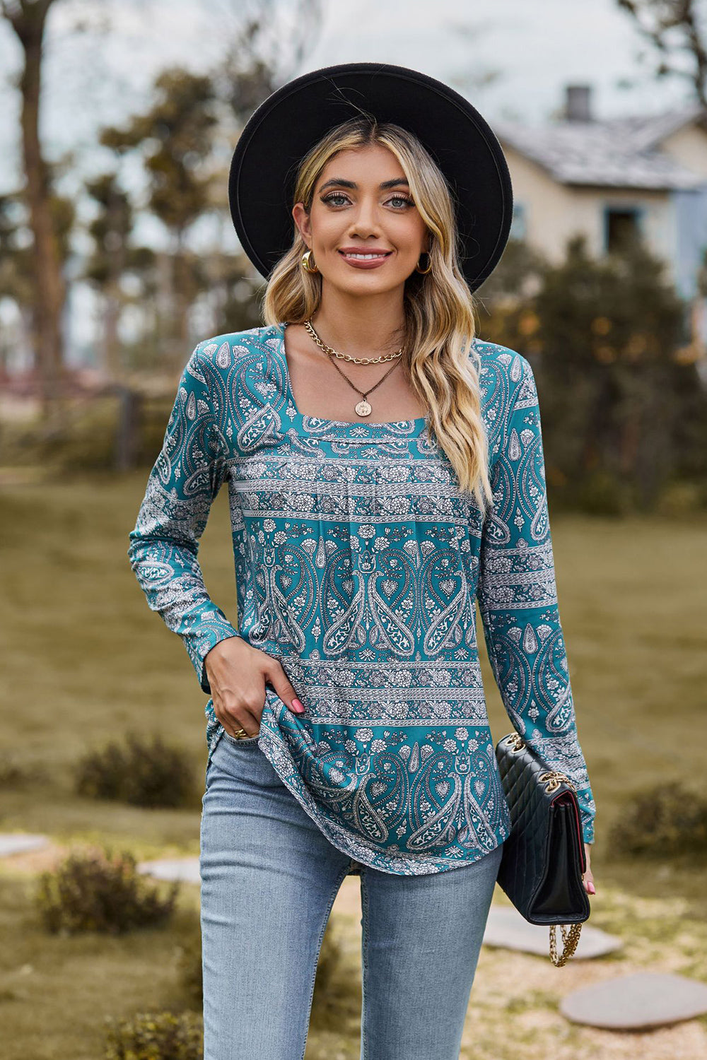 Printed Square Neck Long Sleeve Blouse BLUE ZONE PLANET