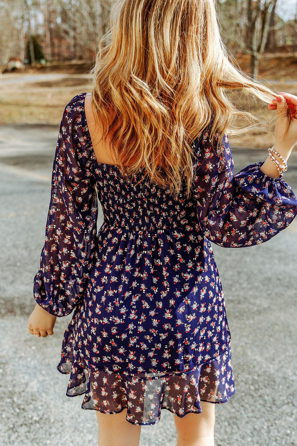 Printed Square Neck Ruffled Dress BLUE ZONE PLANET