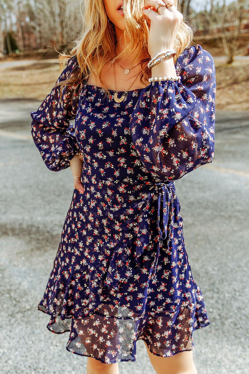 Printed Square Neck Ruffled Dress BLUE ZONE PLANET