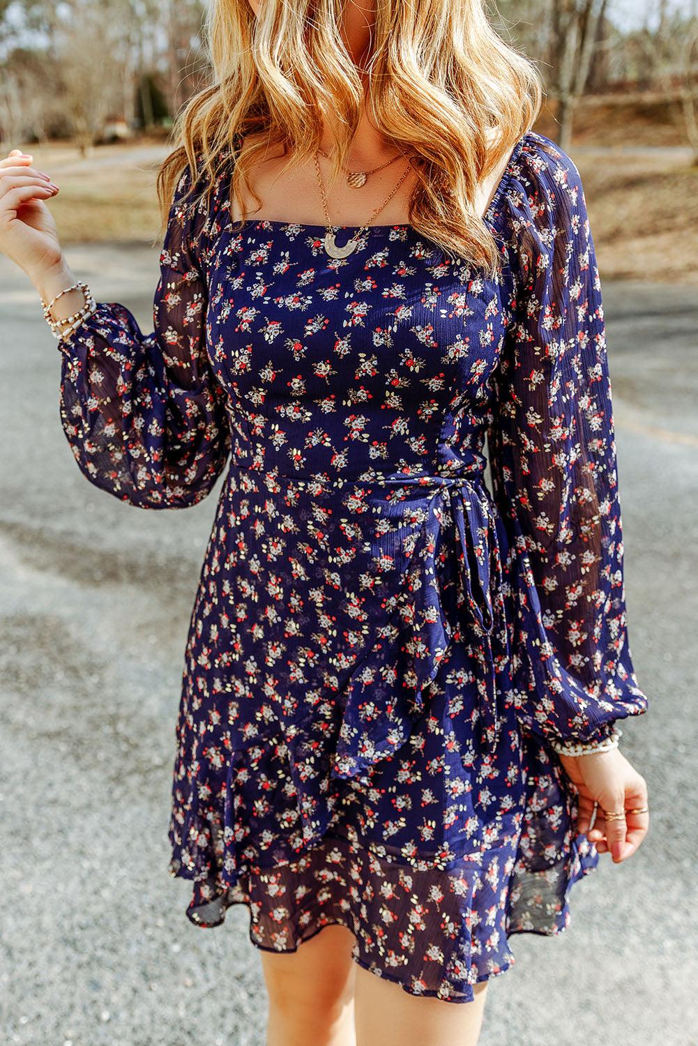 Printed Square Neck Ruffled Dress BLUE ZONE PLANET