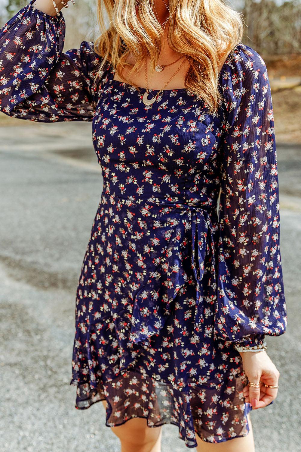 Printed Square Neck Ruffled Dress BLUE ZONE PLANET