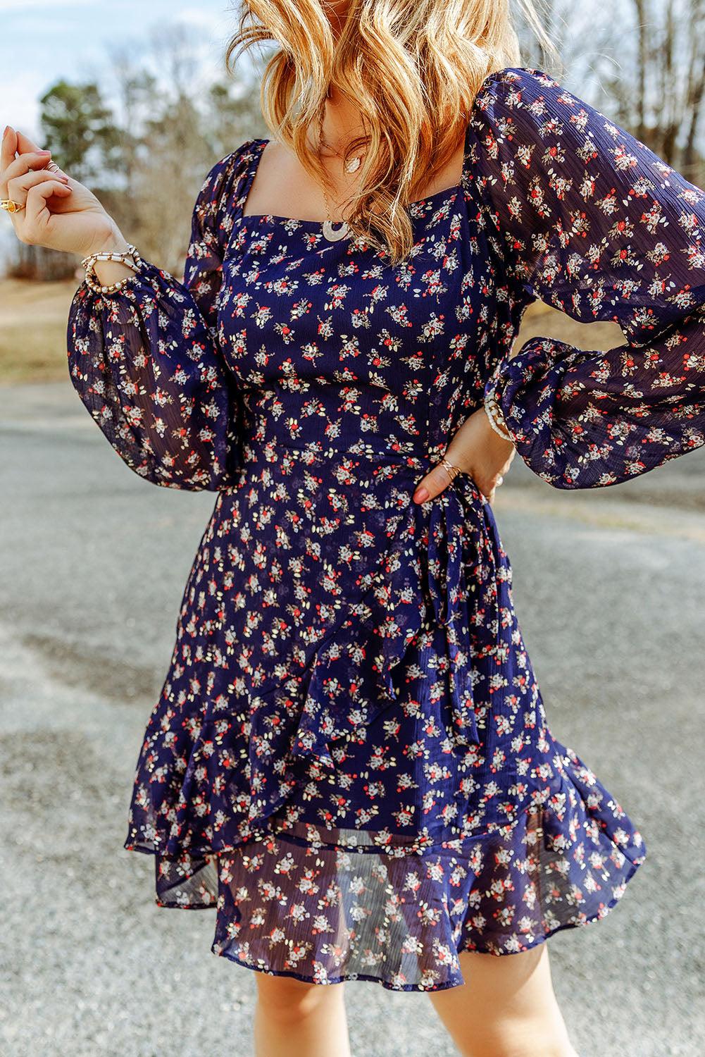 Printed Square Neck Ruffled Dress BLUE ZONE PLANET