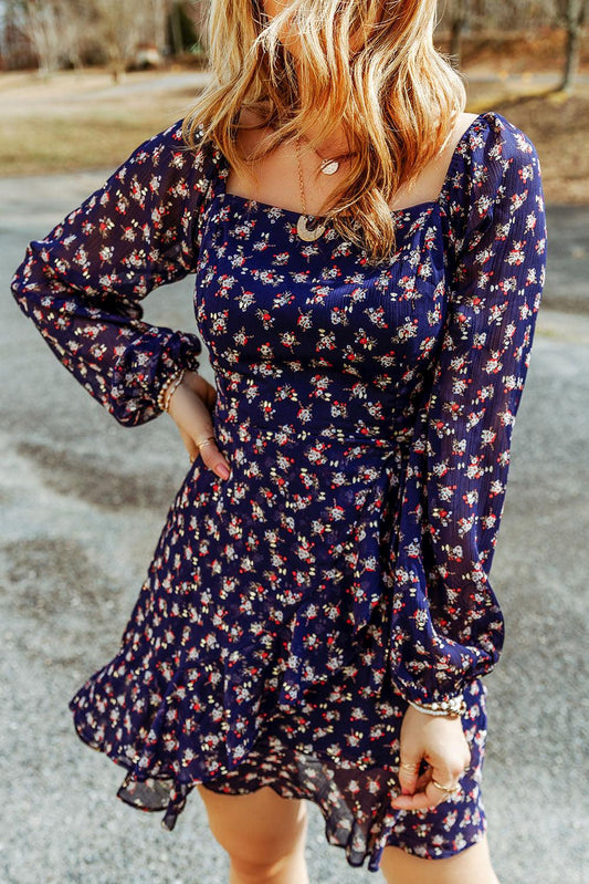 Printed Square Neck Ruffled Dress BLUE ZONE PLANET