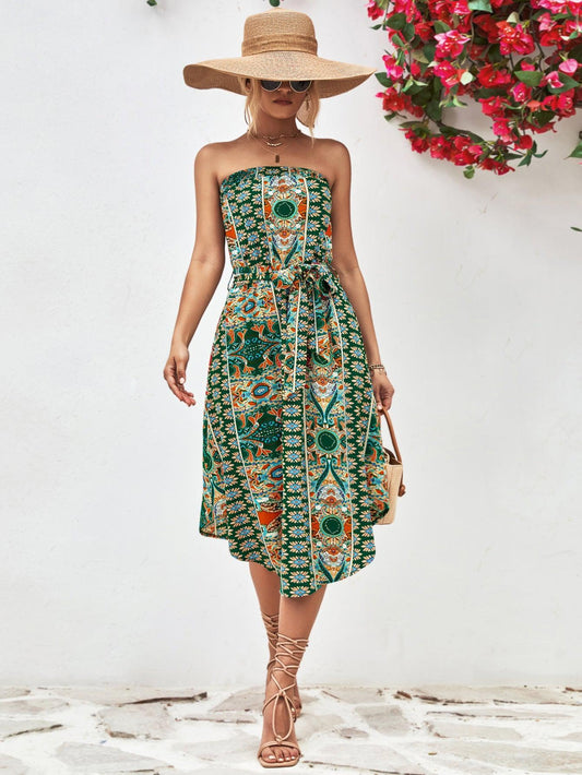 Printed Strapless Tie Belt Dress BLUE ZONE PLANET