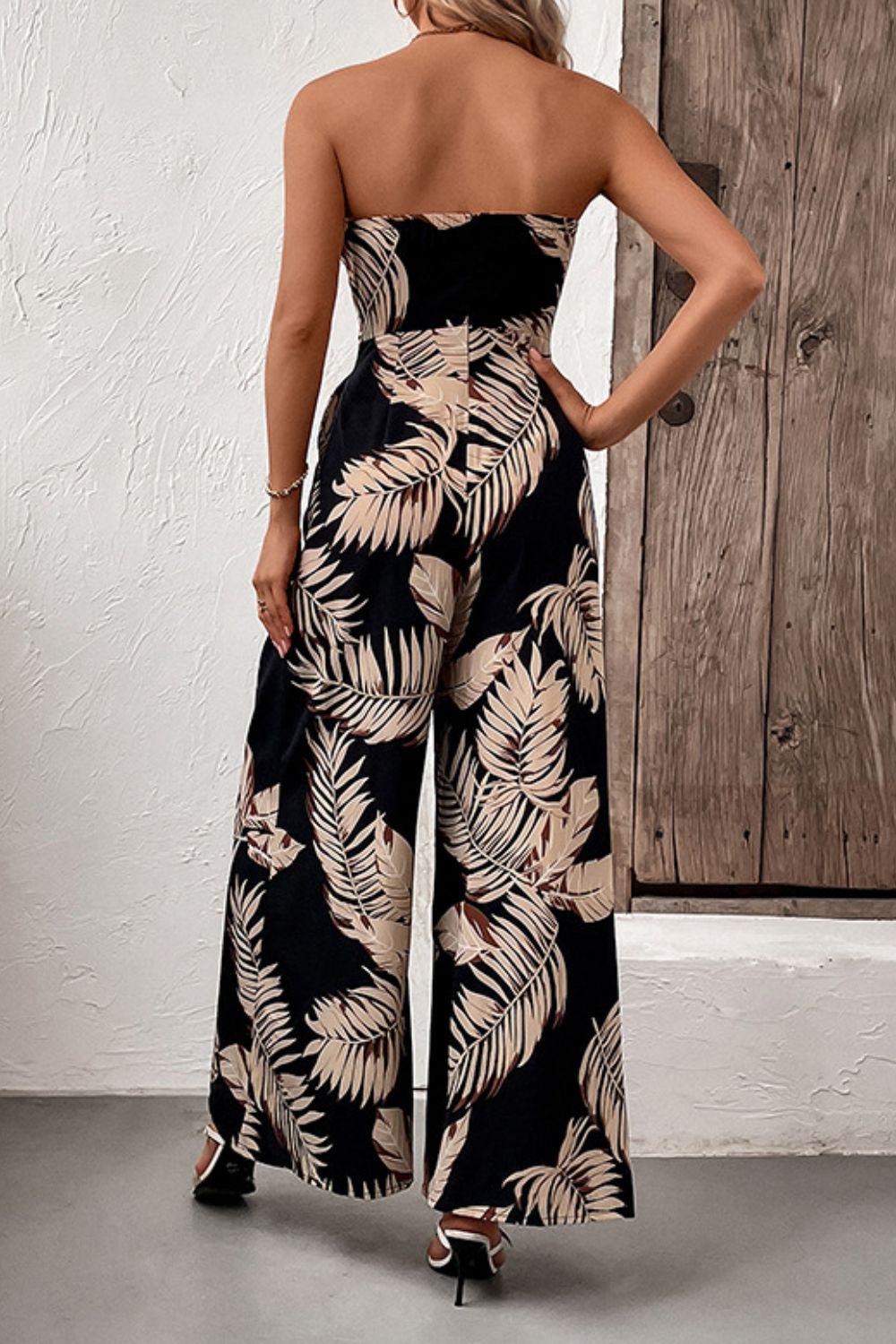 Printed Strapless Wide Leg Jumpsuit with Pockets BLUE ZONE PLANET