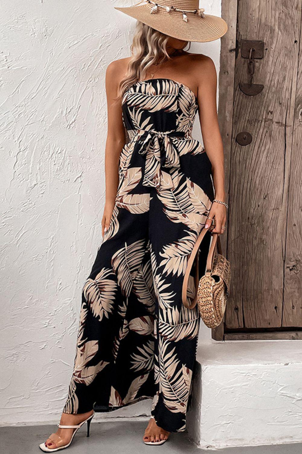 Printed Strapless Wide Leg Jumpsuit with Pockets BLUE ZONE PLANET