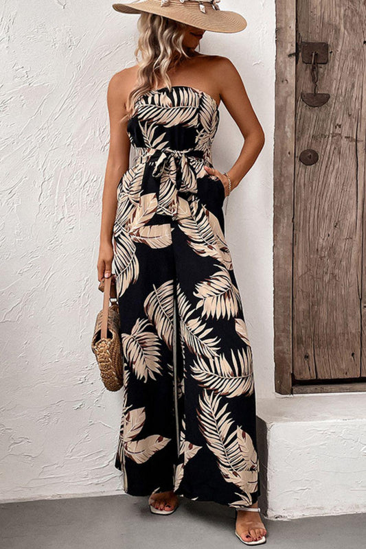 Printed Strapless Wide Leg Jumpsuit with Pockets BLUE ZONE PLANET