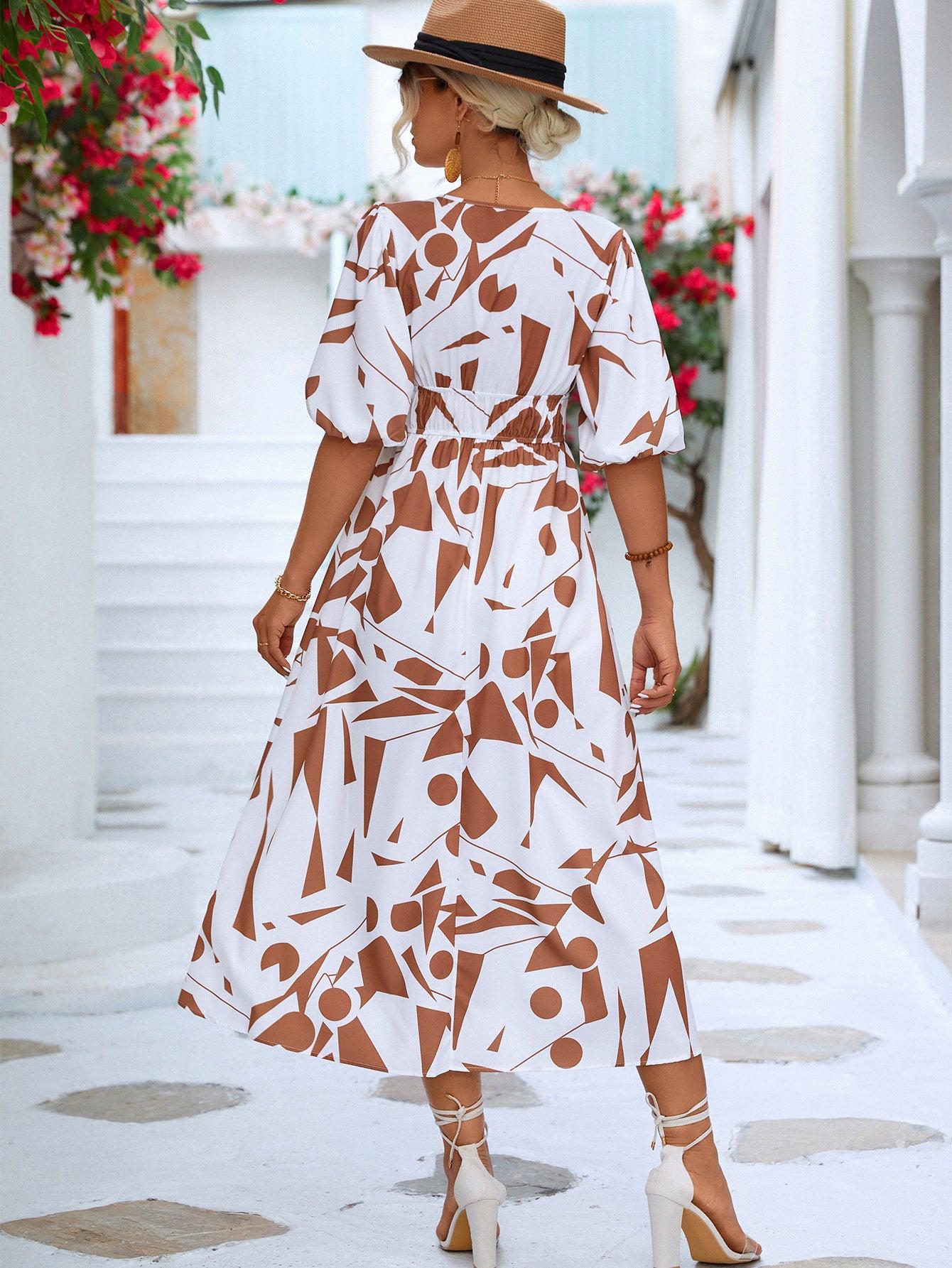 Printed Surplice Balloon Sleeve Dress BLUE ZONE PLANET