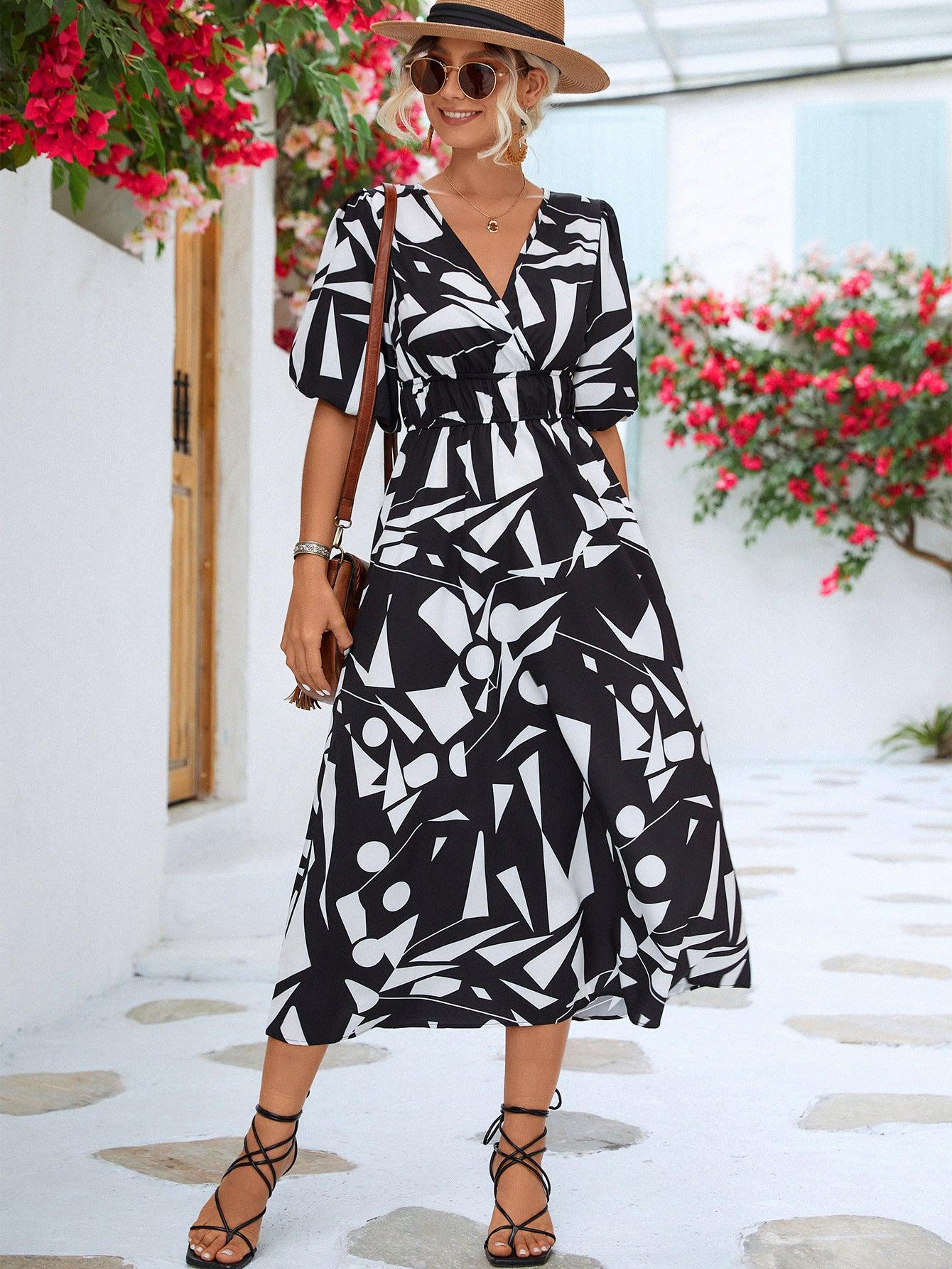 Printed Surplice Balloon Sleeve Dress BLUE ZONE PLANET