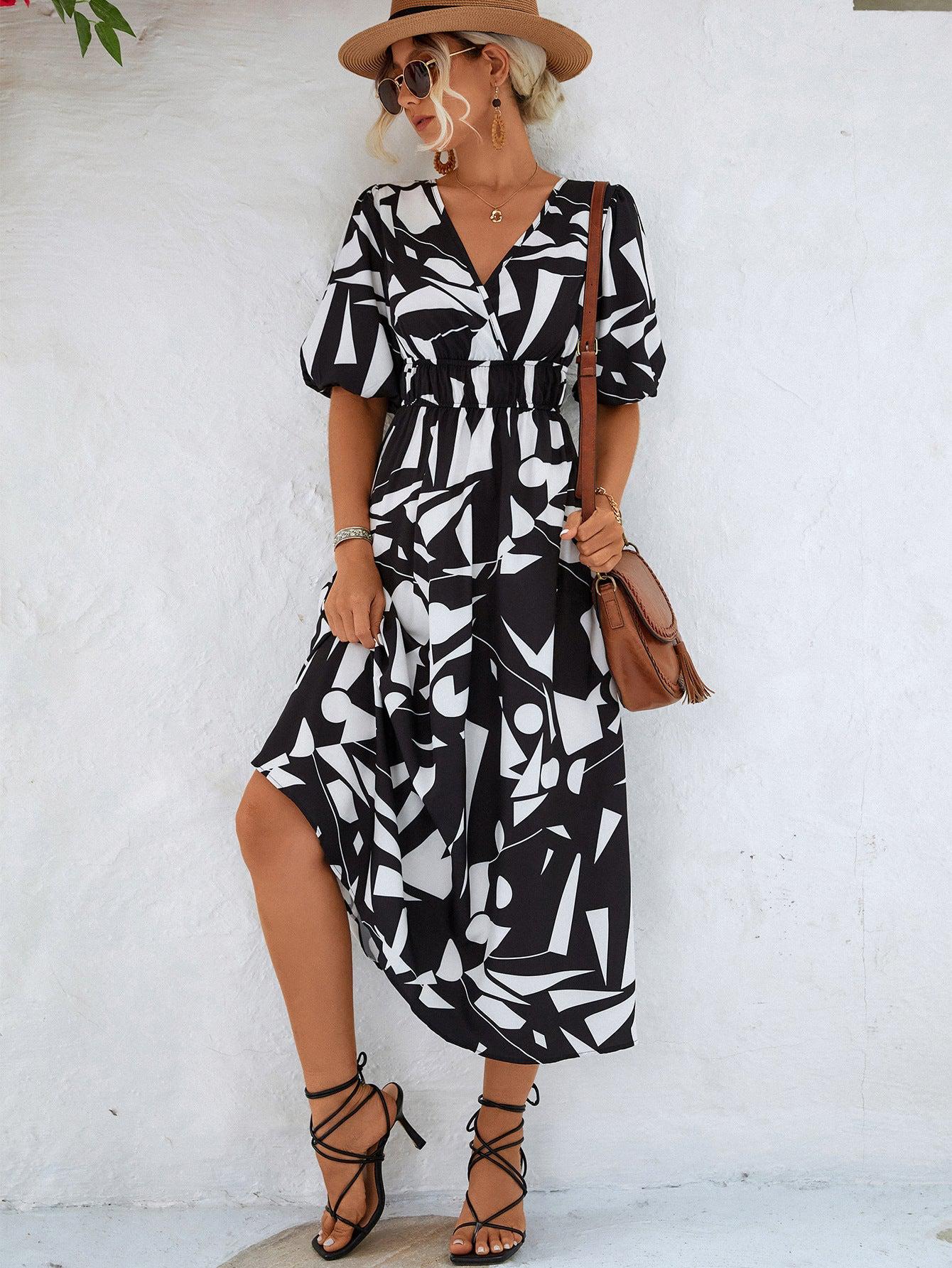 Printed Surplice Balloon Sleeve Dress BLUE ZONE PLANET