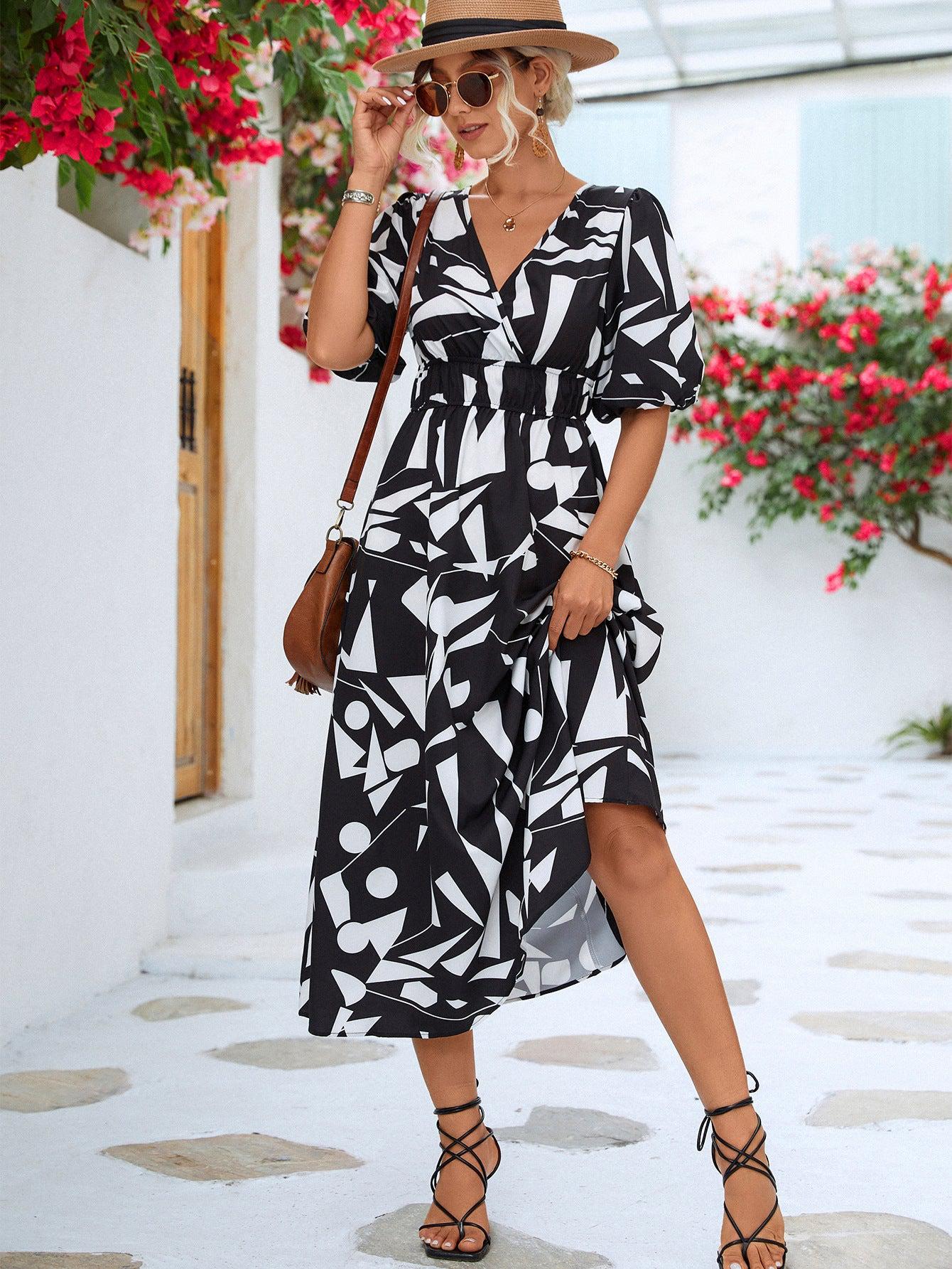 Printed Surplice Balloon Sleeve Dress BLUE ZONE PLANET