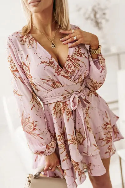 Printed Surplice Balloon Sleeve Mini Dress BLUE ZONE PLANET