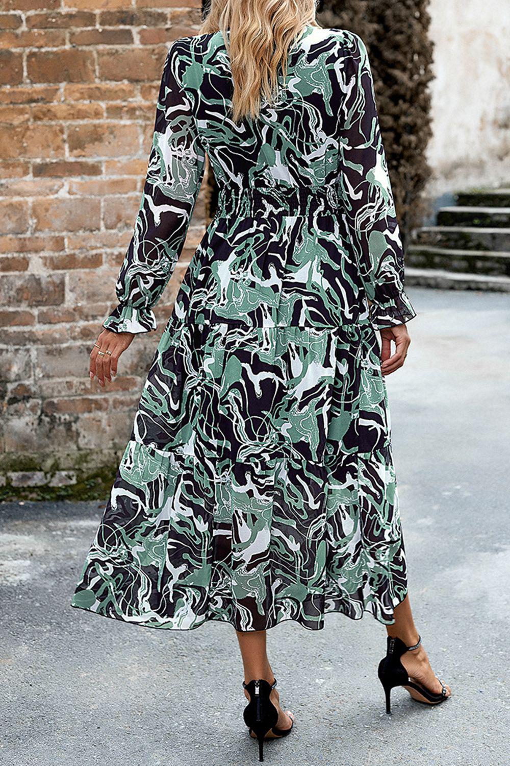 Printed Surplice Neck Flounce Sleeve Midi Dress BLUE ZONE PLANET