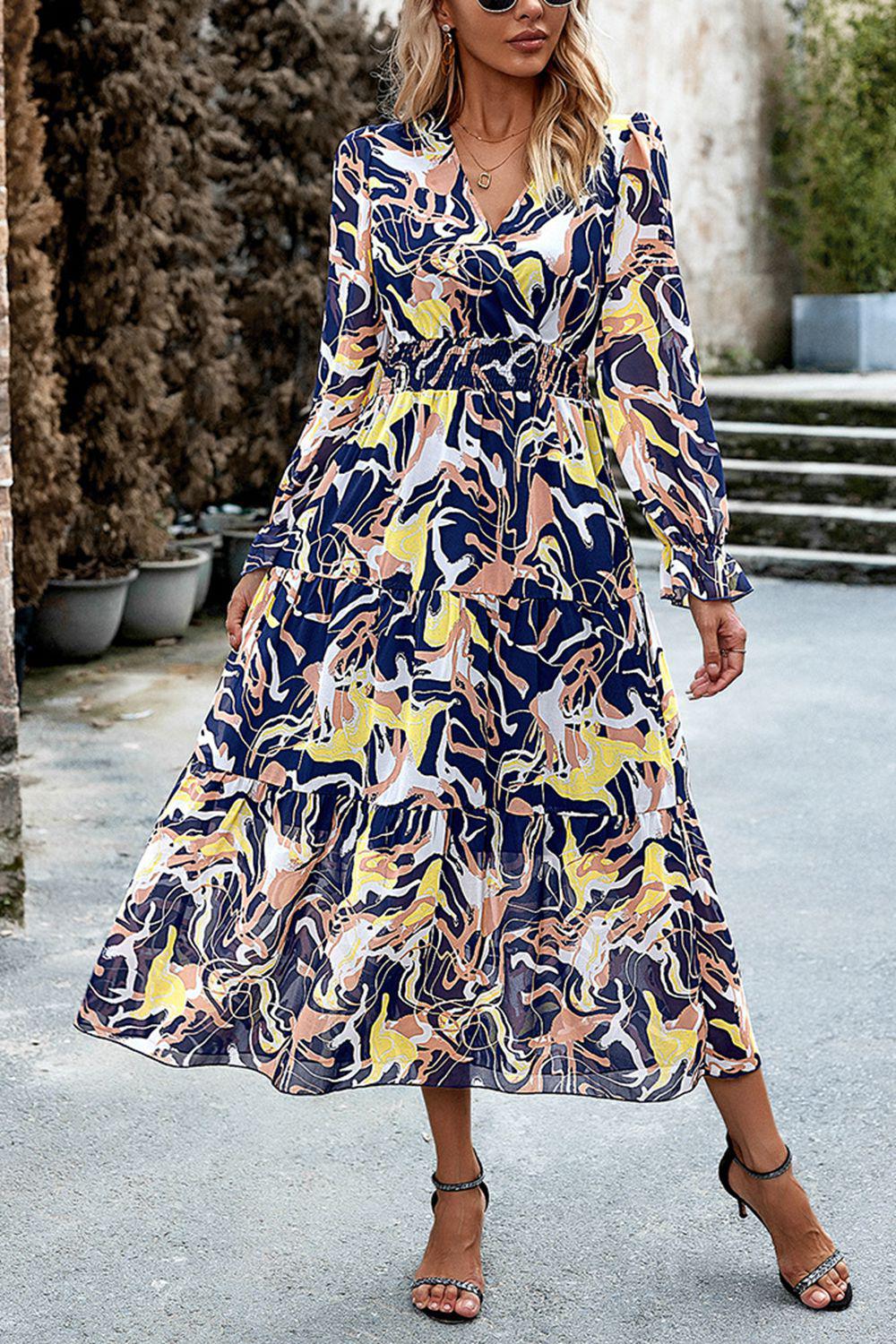 Printed Surplice Neck Flounce Sleeve Midi Dress BLUE ZONE PLANET