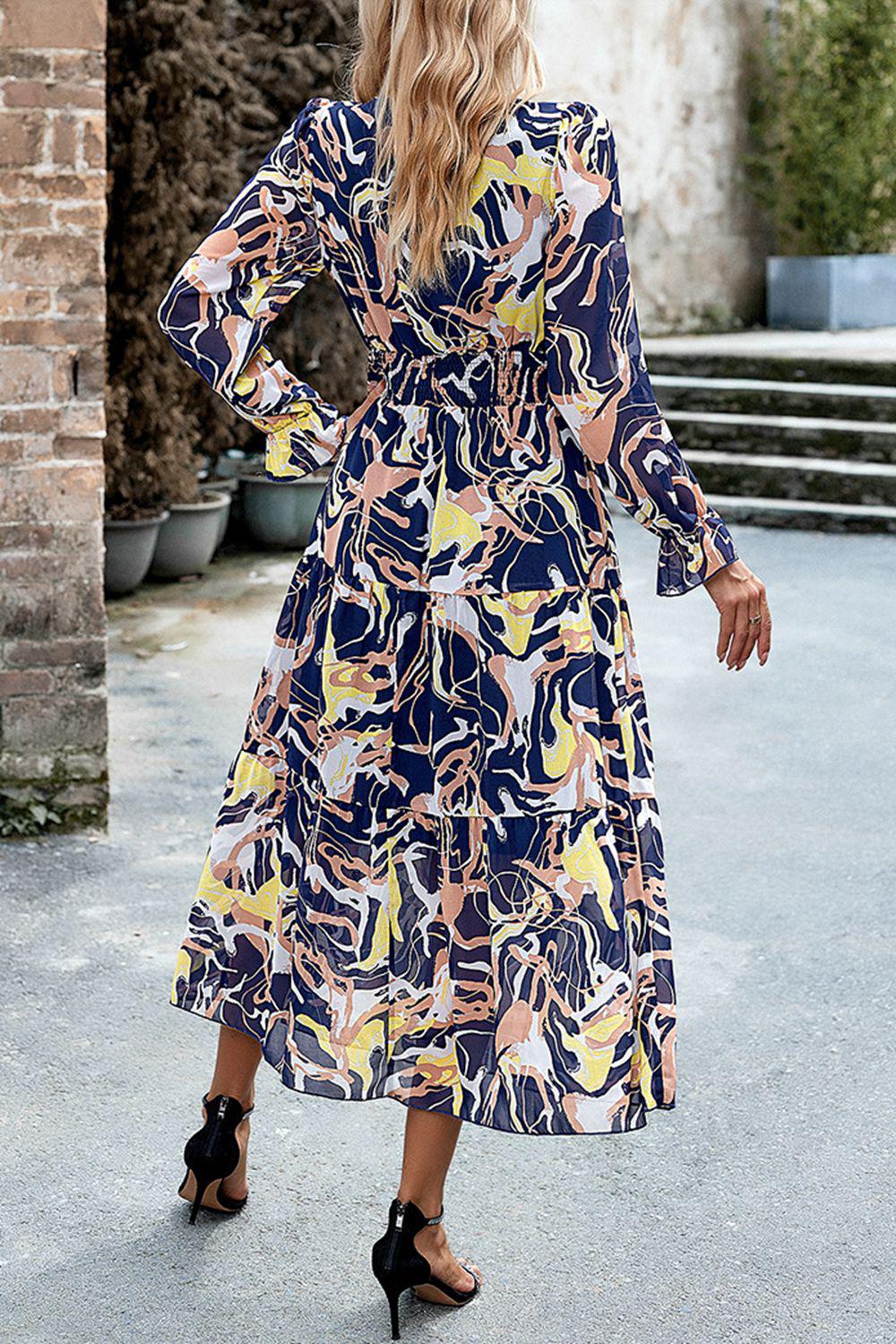 Printed Surplice Neck Flounce Sleeve Midi Dress BLUE ZONE PLANET