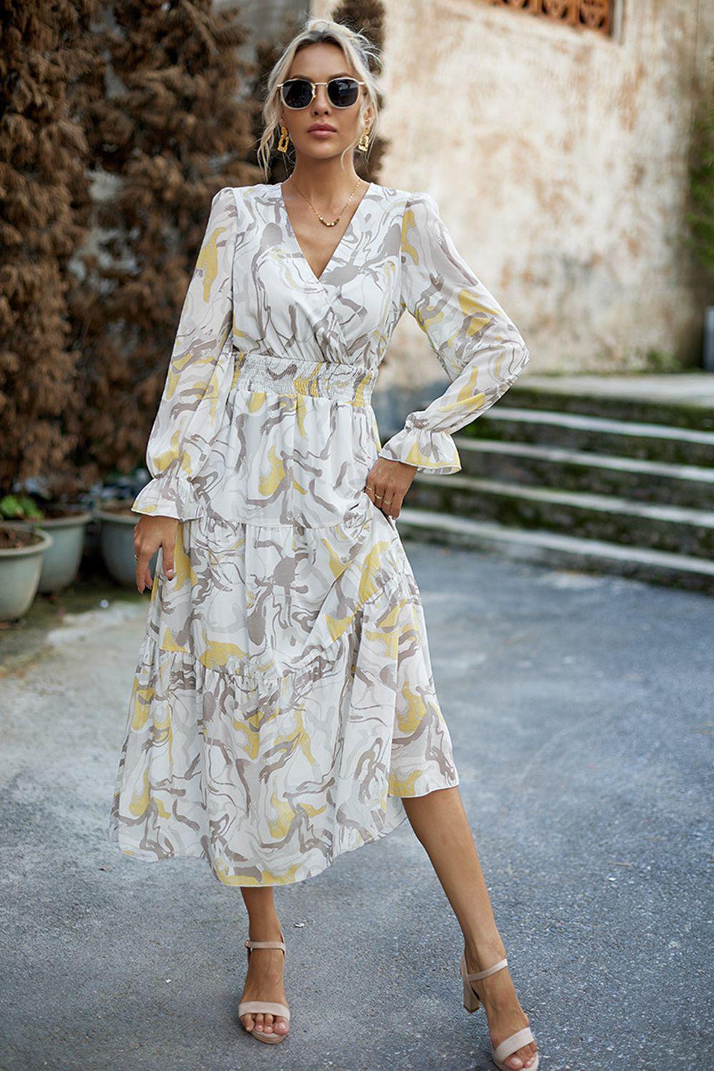 Printed Surplice Neck Flounce Sleeve Midi Dress BLUE ZONE PLANET