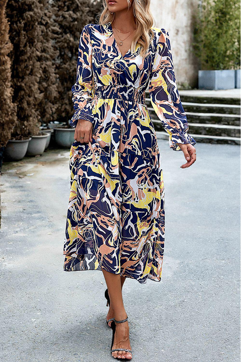 Printed Surplice Neck Flounce Sleeve Midi Dress BLUE ZONE PLANET