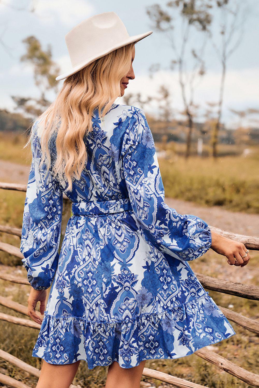 Printed Surplice Neck Long Sleeve Dress BLUE ZONE PLANET