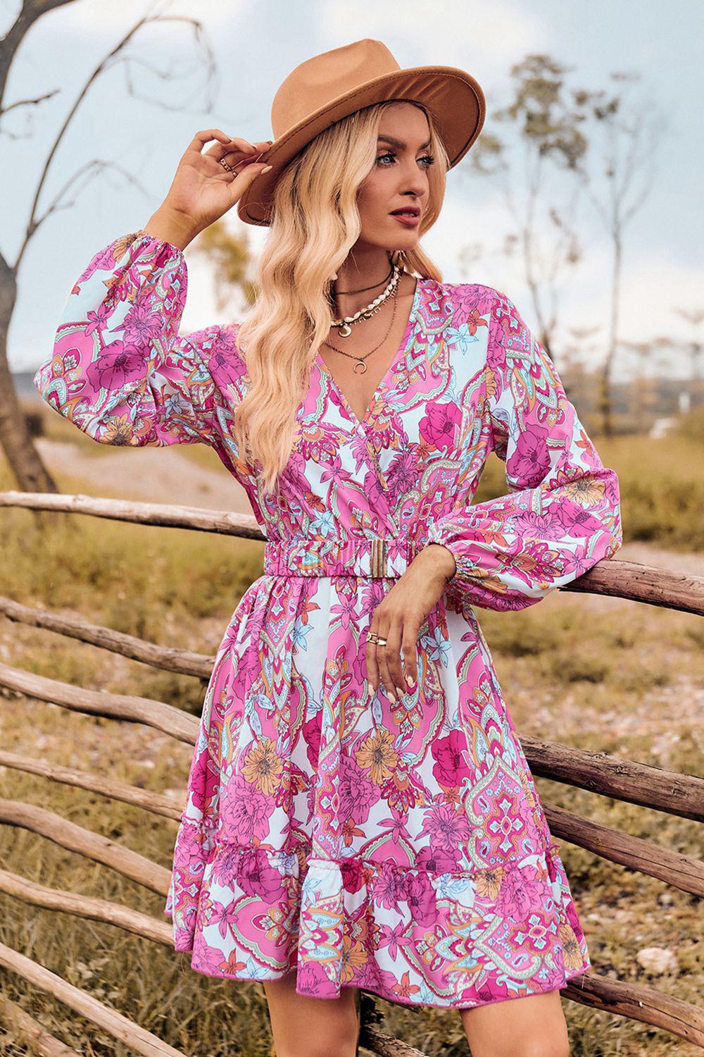 Printed Surplice Neck Long Sleeve Dress BLUE ZONE PLANET