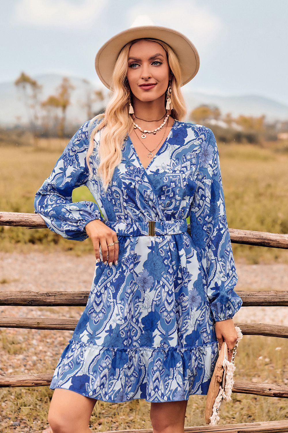 Printed Surplice Neck Long Sleeve Dress BLUE ZONE PLANET