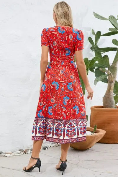 Printed Surplice Short Sleeve Dress BLUE ZONE PLANET