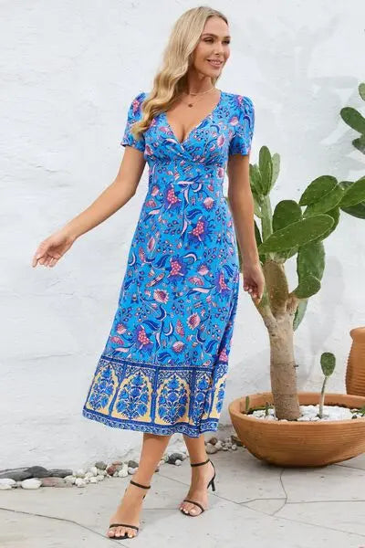 Printed Surplice Short Sleeve Dress BLUE ZONE PLANET