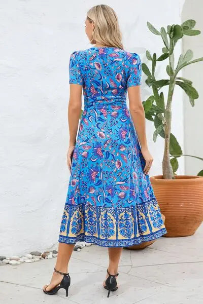 Printed Surplice Short Sleeve Dress BLUE ZONE PLANET