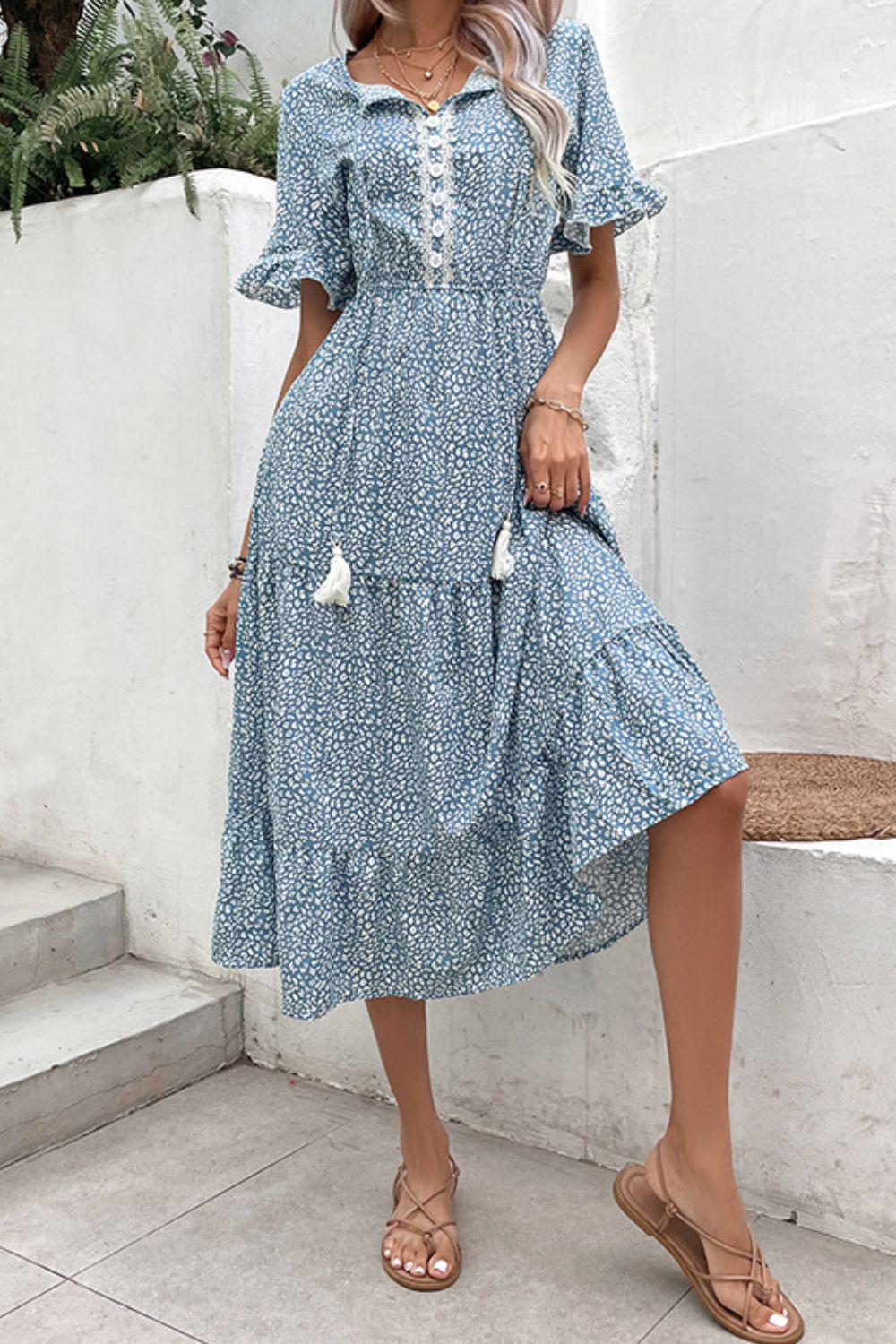 Printed Tassel Tie Flounce Sleeve Dress BLUE ZONE PLANET