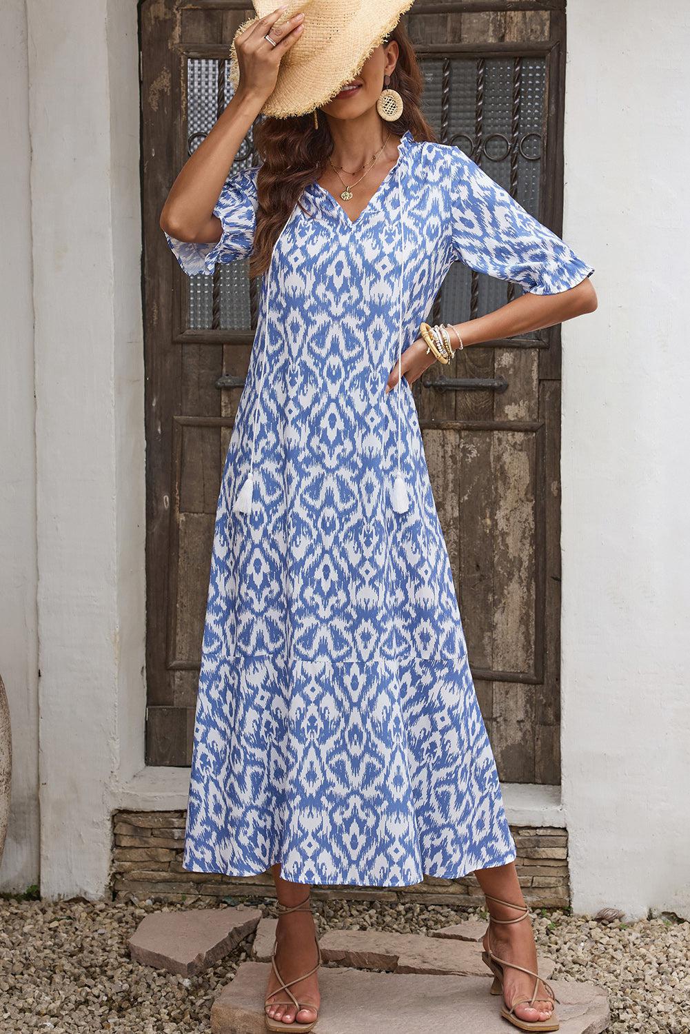 Printed Tassel Tie Flounce Sleeve Dress BLUE ZONE PLANET