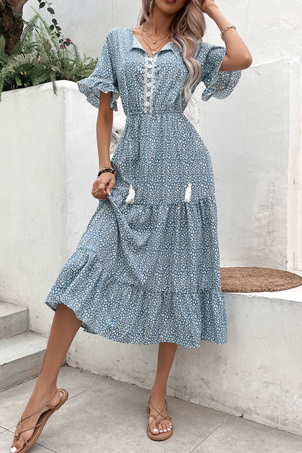 Printed Tassel Tie Flounce Sleeve Dress BLUE ZONE PLANET